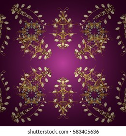 Golden color seamless illustration. Golden seamless pattern on purple background with golden floral elements. For your design, wallpaper. Vector geometric background.