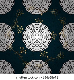 Golden color seamless illustration. Golden pattern on blue background with golden elements. For your design, wallpaper. Vector geometric background.