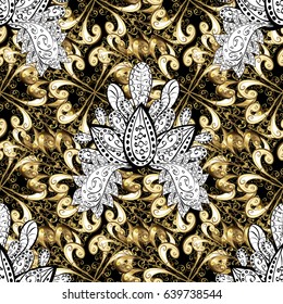 Golden color seamless illustration. Golden pattern on black background with golden elements. For your design, wallpaper. Vector geometric background.