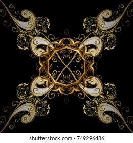 Golden color seamless illustration. Golden seamless pattern on black, yellow and brown colors with golden floral elements. For your design, wallpaper. Vector geometric background.