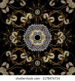 Golden color seamless illustration. Vector geometric background. Golden seamless pattern on black, brown and beige colors with golden floral elements. For your design, wallpaper.