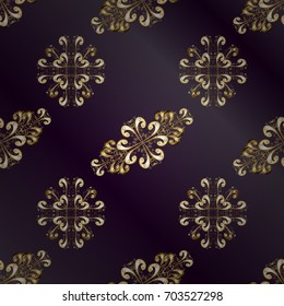 Golden color seamless illustration. Vector geometric background. Golden seamless pattern on lilac and purple background with golden floral elements. For your design, wallpaper.