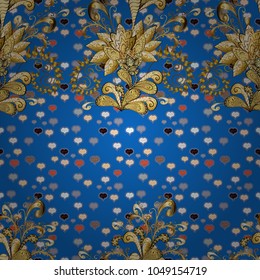 Golden color seamless illustration. For your design, wallpaper. Vector geometric background. Golden seamless pattern on blue, brown and beige colors with golden floral elements.