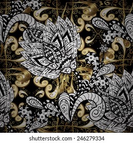 Golden color seamless illustration. For your design, wallpaper. Vector geometric background. Golden pattern on black colors with golden elements.