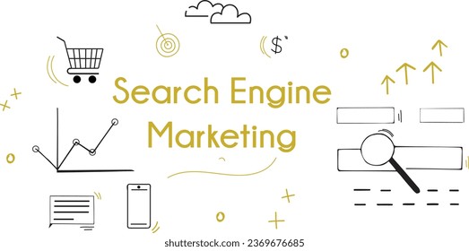 Golden color Search engine marketing vector doodle |  Search engine marketing illustration sketch with search, shopping cart, graph, text, cloud, mobile and other symbols.