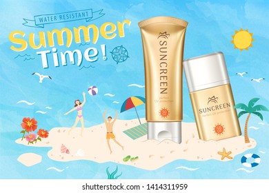 Golden color sunscreen ads on beautiful beach with people playing at the beach, 3d illustration