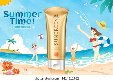 Golden color sunscreen ads on beautiful beach with people wearing bikini and playing at the beach, 3d illustration