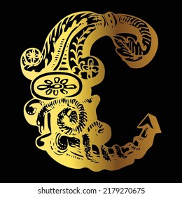 Golden color tattoo design C on black background