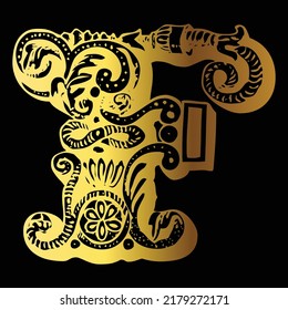 Golden color tattoo design F on black background