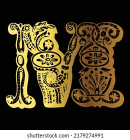 Golden color tattoo design M on black background