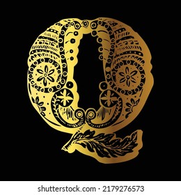 Golden color tattoo design Q on black background