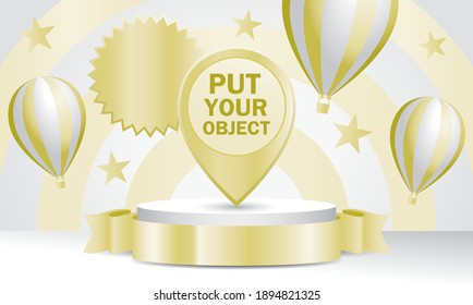 Golden color theme product display with air balloon and gold ribbon 3D illustration vector.