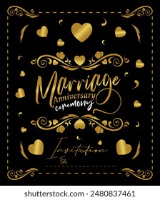 Golden color vector birthday ceremony invitation card design, Isolated gold color marriage anniversary ceremony invitation card design, Vector Marriage anniversary text word. 