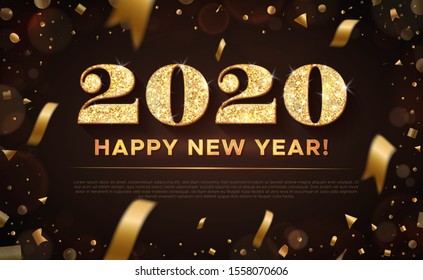 Golden color vector illustration. Banner with gold inscription: 2020 Happy New Year. Vector on black background with flying confetti and bokeh.