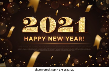 Golden color vector illustration. Banner with gold inscription: 2021 Happy New Year. Vector on black background with flying confetti and bokeh.