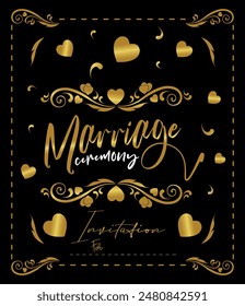 Golden color vector marriage ceremony invitation card design, Isolated gold happy marriage ceremony invitation card design, Elegant marriage anniversary invitation vector text word.