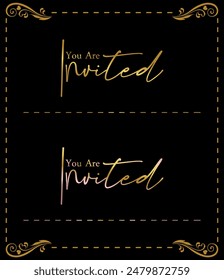 Golden color vector Wedding party invitation text you are invited, Isolated gold color word text you are invited, Handwritten word you are invited for invitation card.