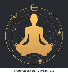 Golden colored abstract meditating man silhouette on celestial background. Male sitting in lotus position in magic circle with stars and crescent. Vector illustration