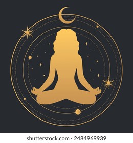 Golden colored abstract meditating woman silhouette on celestial background. Female sitting in lotus position in magic circle with stars and crescent. Vector illustration