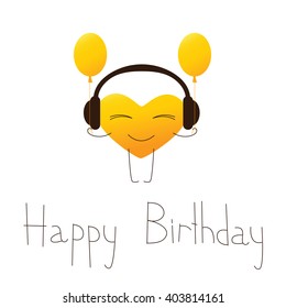 Golden colored cartoon heart character in headphones with balloons and lettering Happy Birthday in English isolated on white background. Design element. Greeting card. Invitation template
