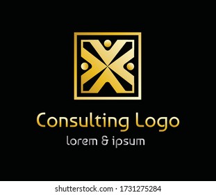 Golden colored consulting theme or togetherness theme based company logo with dummy text and tagline on black background. Abstract colorful icon based ready vector logo.