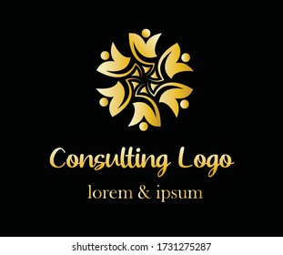 Golden colored consulting theme or togetherness theme based company logo with dummy text and tagline on black background. Abstract colorful icon based ready vector logo.