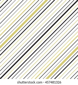 Golden colored diagonal striped seamless pattern. Repeating texture with goldish and black parallel lines on white background. Multicolor lined vector illustration.