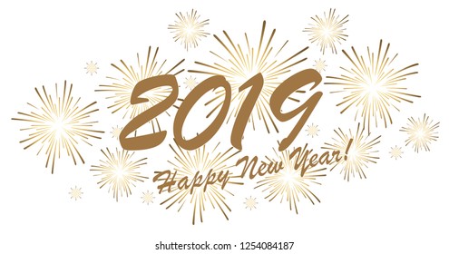 golden colored fireworks concept for New Year 2019 greetings with white background