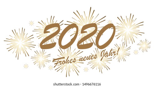 golden colored fireworks concept for New Year 2020 greetings (german text) with white background