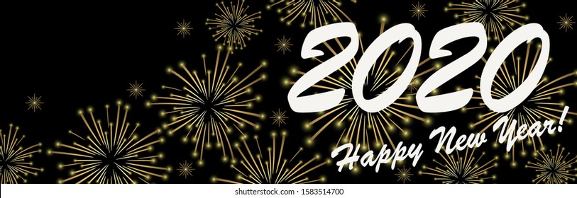 golden colored fireworks panorama concept for New Year 2020 greetings with black background