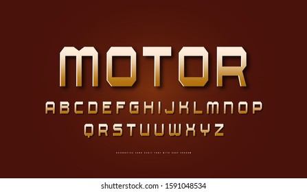 Golden colored square sans serif font. Letters for sci-fi, military, racing logo and emblem design
