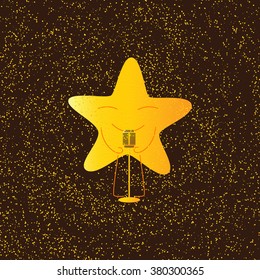 Golden colored star character with closed eyes and smile with retro microphone isolated on brown background with golden dotes. Greeting card / party invitation design element
