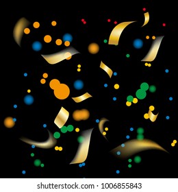 Golden and Colorful Confetti. Vector Festive Illustration of Falling Shiny Confetti Glitters Isolated on Transparent Checkered Background. Holiday Decorative Tinsel Element for Design