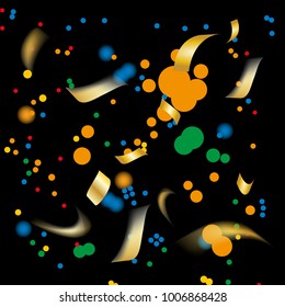 Golden and Colorful Confetti. Vector Festive Illustration of Falling Shiny Confetti Glitters Isolated on Transparent Checkered Background. Holiday Decorative Tinsel Element for Design