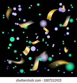 Golden and Colorful Confetti. Vector Festive Illustration of Falling Shiny Confetti Glitters Isolated on Transparent Checkered Background. Holiday Decorative Tinsel Element for Design