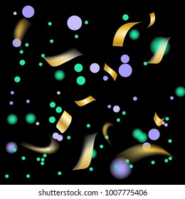 Golden and Colorful Confetti. Vector Festive Illustration of Falling Shiny Confetti Glitters Isolated on Transparent Checkered Background. Holiday Decorative Tinsel Element for Design