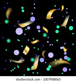 Golden and Colorful Confetti. Vector Festive Illustration of Falling Shiny Confetti Glitters Isolated on Transparent Checkered Background. Holiday Decorative Tinsel Element for Design
