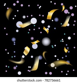 Golden and Colorful Confetti. Vector Festive Illustration of Falling Shiny Confetti Glitters Isolated on Transparent Checkered Background. Holiday Decorative Tinsel Element for Design