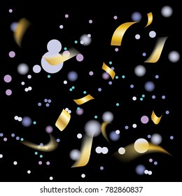 Golden and Colorful Confetti. Vector Festive Illustration of Falling Shiny Confetti Glitters Isolated on Transparent Checkered Background. Holiday Decorative Tinsel Element for Design