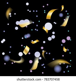Golden and Colorful Confetti. Vector Festive Illustration of Falling Shiny Confetti Glitters Isolated on Transparent Checkered Background. Holiday Decorative Tinsel Element for Design