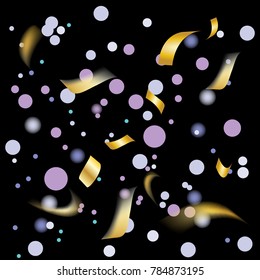 Golden and Colorful Confetti. Vector Festive Illustration of Falling Shiny Confetti Glitters Isolated on Transparent Checkered Background. Holiday Decorative Tinsel Element for Design