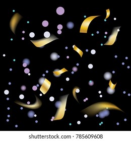 Golden and Colorful Confetti. Vector Festive Illustration of Falling Shiny Confetti Glitters Isolated on Transparent Checkered Background. Holiday Decorative Tinsel Element for Design