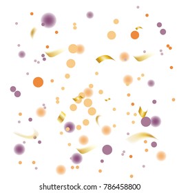 Golden and Colorful Confetti. Vector Festive Illustration of Falling Shiny Confetti Glitters Isolated on Transparent Checkered Background. Holiday Decorative Tinsel Element for Design