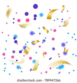 Golden and Colorful Confetti. Vector Festive Illustration of Falling Shiny Confetti Glitters Isolated on Transparent Checkered Background. 