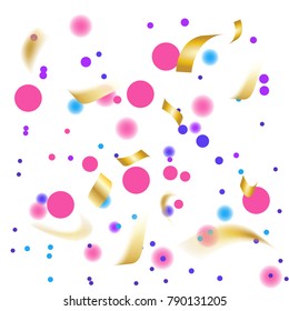 Golden and Colorful Confetti. Vector Festive Illustration of Falling Shiny Confetti Glitters Isolated on Transparent Checkered Background. Holiday Decorative Tinsel Element for Design