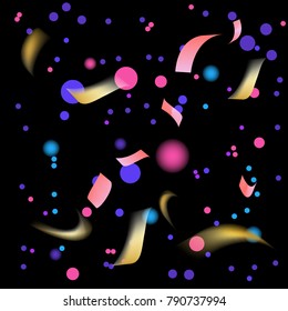 Golden and Colorful Confetti. Vector Festive Illustration of Falling Shiny Confetti Glitters Isolated on Transparent Checkered Background. Holiday Decorative Tinsel Element for Design