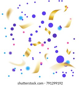 Golden and Colorful Confetti. Vector Festive Illustration of Falling Shiny Confetti Glitters Isolated on Transparent Checkered Background. Holiday Decorative Tinsel Element for Design