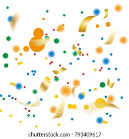 Golden and Colorful Confetti. Vector Festive Illustration of Falling Shiny Confetti Glitters Isolated on Transparent Checkered Background. Holiday Decorative Tinsel Element for Design