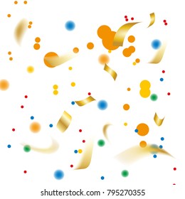 Golden and Colorful Confetti. Vector Festive Illustration of Falling Shiny Confetti Glitters Isolated on Transparent Checkered Background. Holiday Decorative Tinsel Element for Design