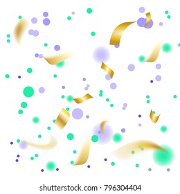 Golden and Colorful Confetti. Vector Festive Illustration of Falling Shiny Confetti Glitters Isolated on Transparent Checkered Background. Holiday Decorative Tinsel Element for Design

